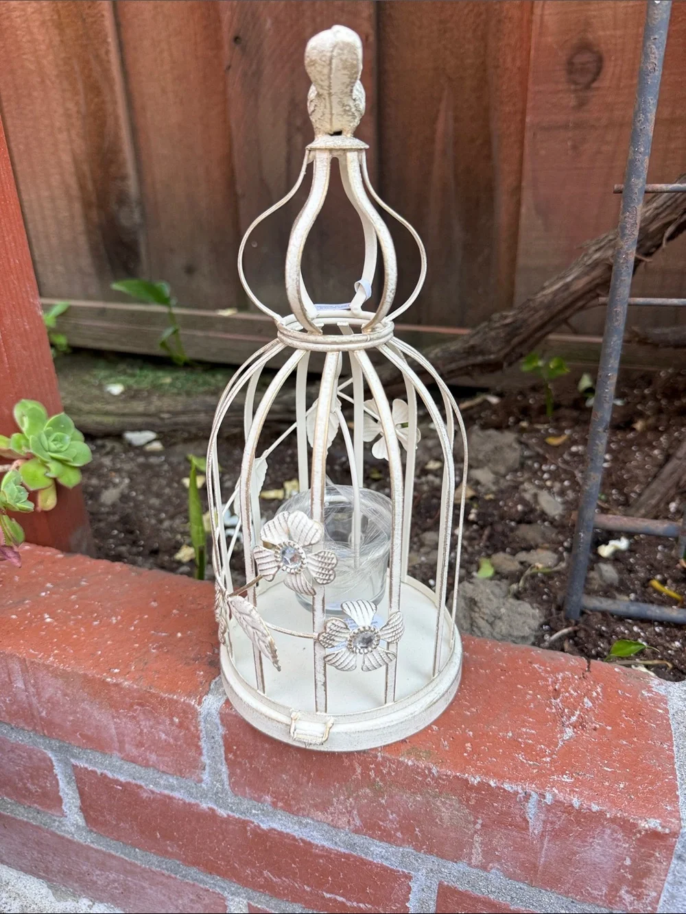 Pier 1 Cream Metal Birdcage Candle Holder with Floral Accents